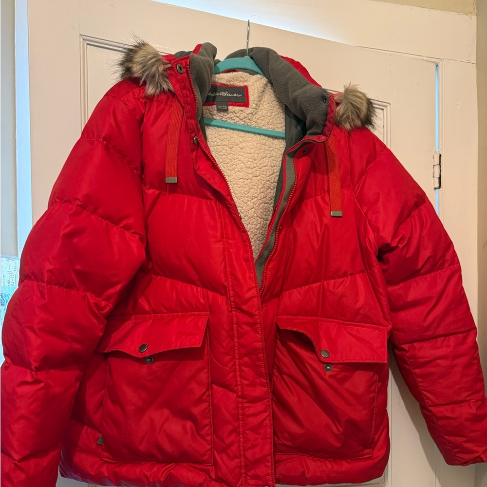 Eddie Bauer Bright Red Quilted Hooded Puffer with Faux-Fur Trim